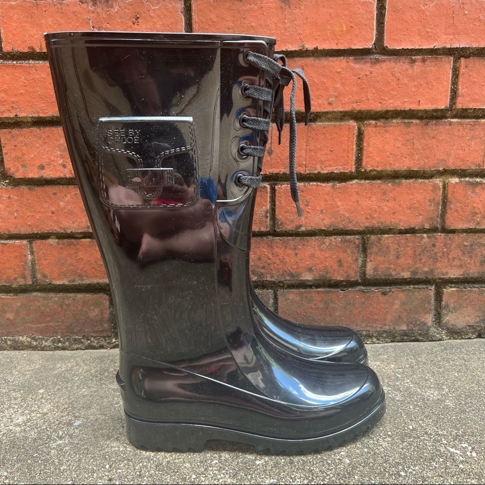 See by Chloe Black Chunky Lug Sole Rubber Rain Boots Sz 39